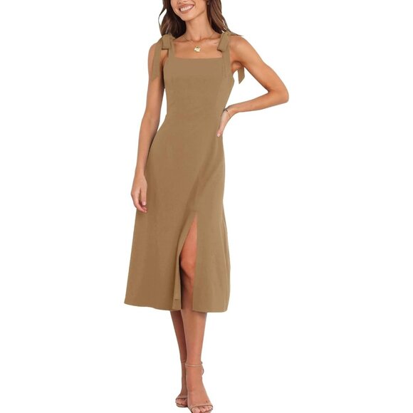 Women's Khaki Elegant Square Neck Dress Split Midi Formal Cocktail Party